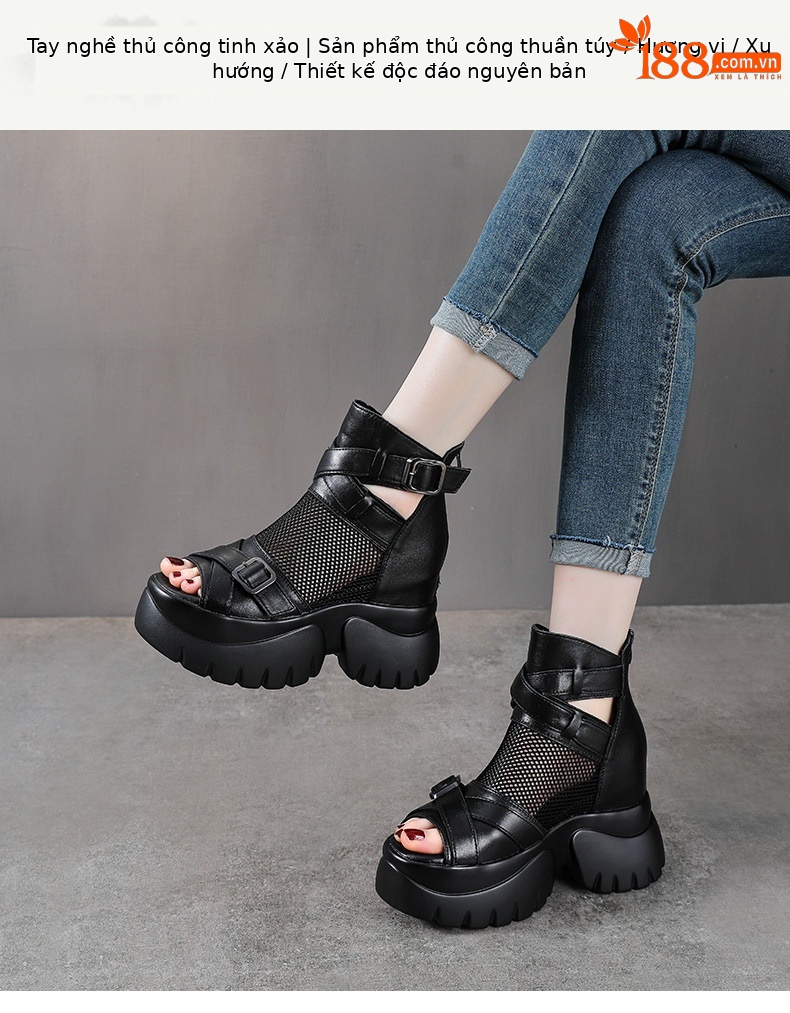 Sandal cao gót nữ mũi hở đế xuồng da bò cao cổ phong cách La Mã — màu đen chi tiết 1