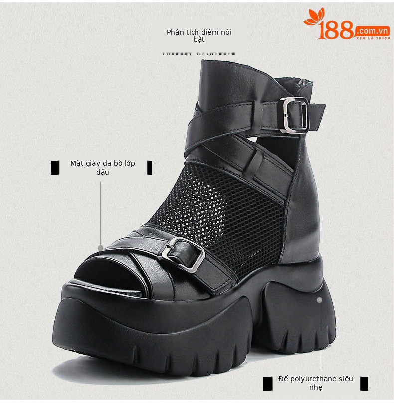 Sandal cao gót nữ mũi hở đế xuồng da bò cao cổ phong cách La Mã — màu đen chi tiết 3