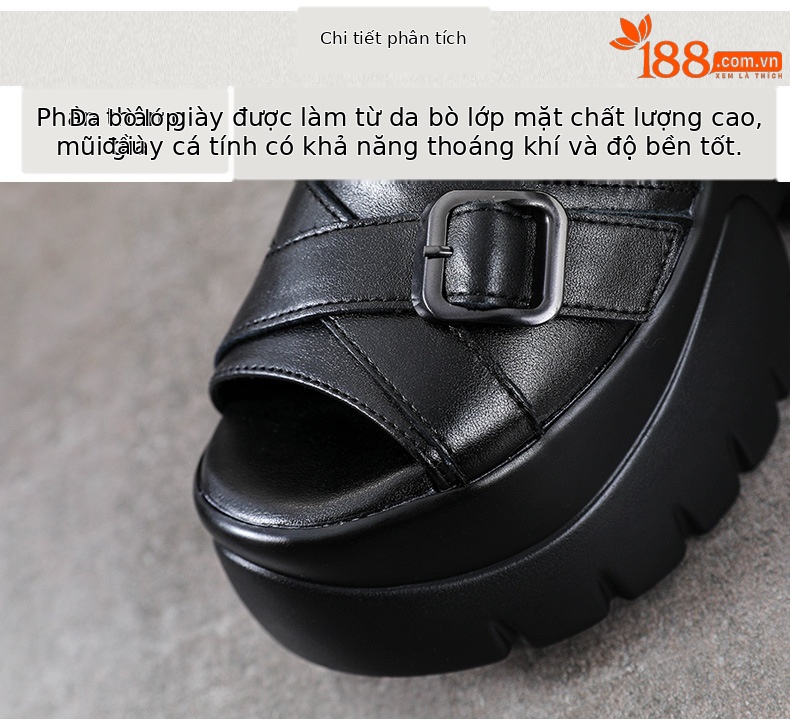 Sandal cao gót nữ mũi hở đế xuồng da bò cao cổ phong cách La Mã — màu đen chi tiết 4