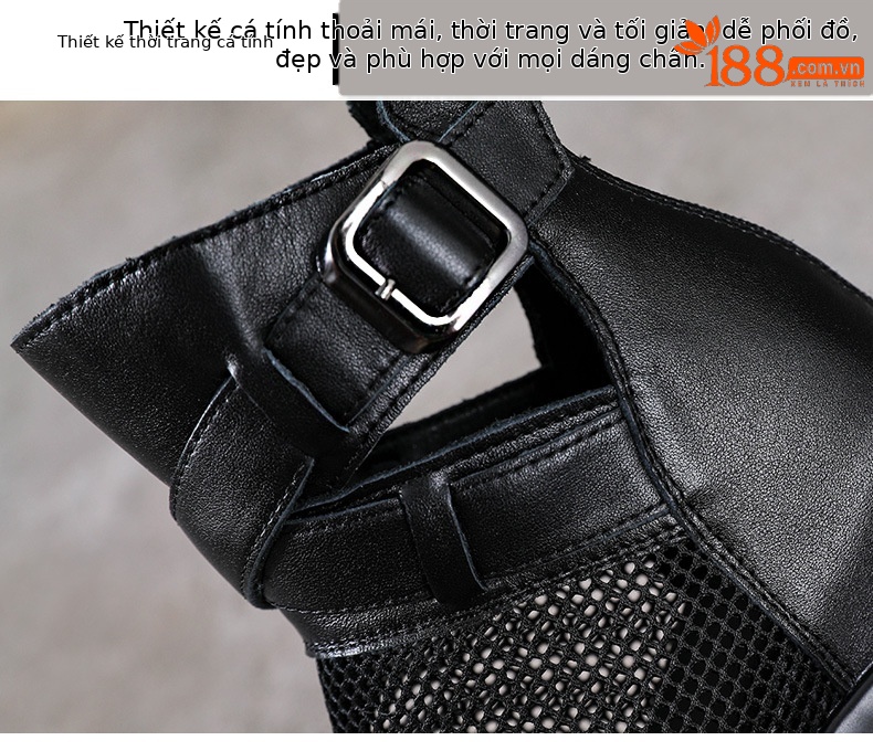 Sandal cao gót nữ mũi hở đế xuồng da bò cao cổ phong cách La Mã — màu đen chi tiết 5