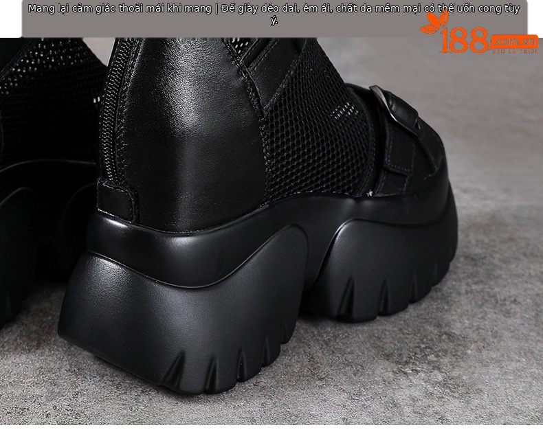 Sandal cao gót nữ mũi hở đế xuồng da bò cao cổ phong cách La Mã — màu đen chi tiết 8