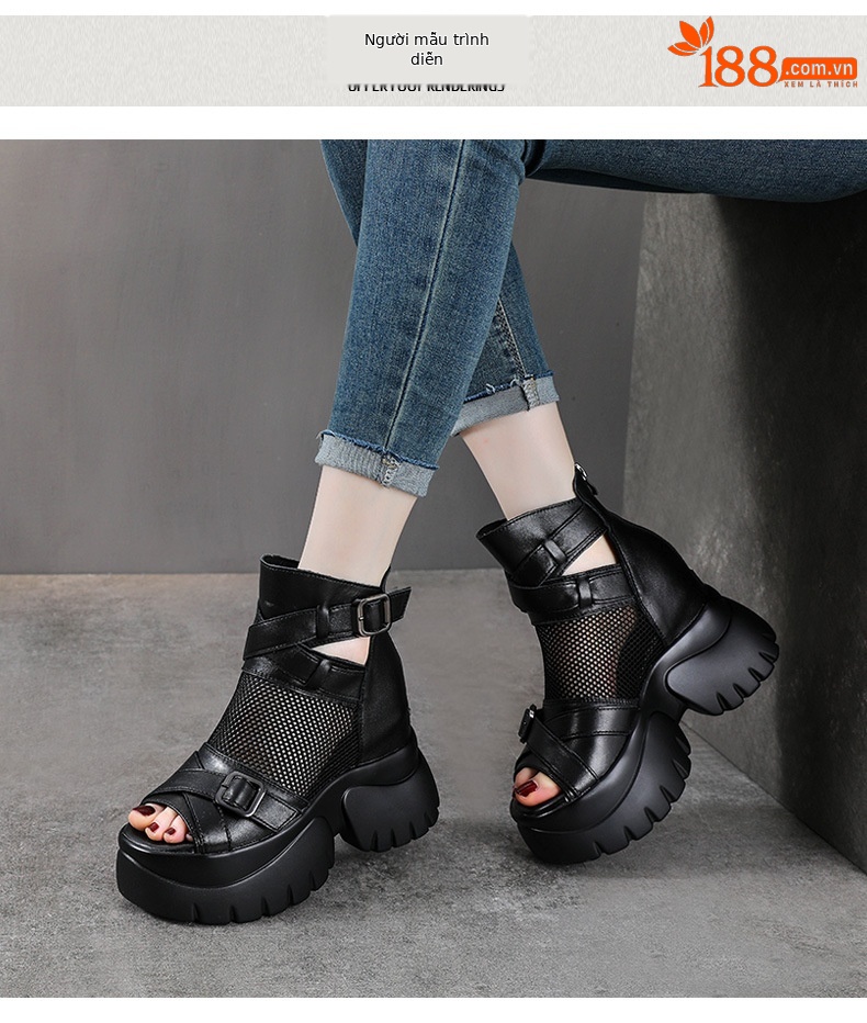 Sandal cao gót nữ mũi hở đế xuồng da bò cao cổ phong cách La Mã — màu đen chi tiết 9