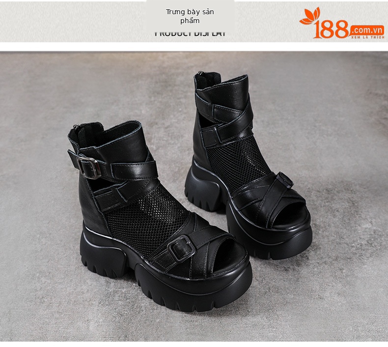 Sandal cao gót nữ mũi hở đế xuồng da bò cao cổ phong cách La Mã — màu đen chi tiết 10