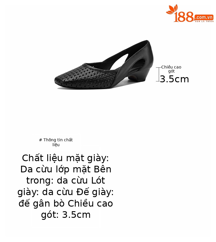 Giày sandal nữ mũi vuông gót thấp 3,5 cm da cừu đục lỗ hở mũi — đen chi tiết 4