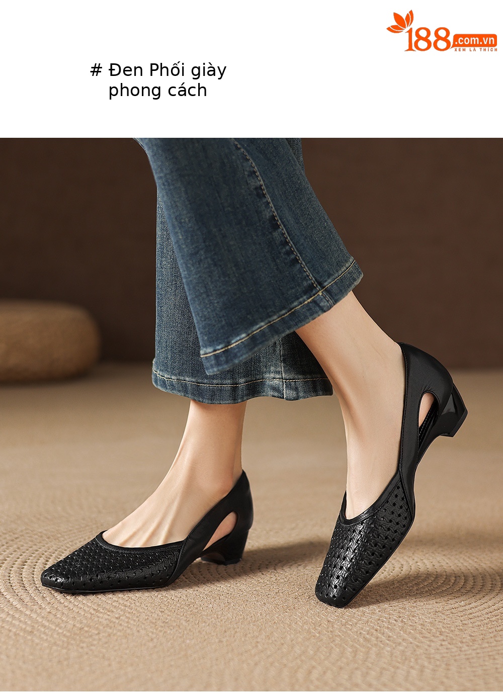 Giày sandal nữ mũi vuông gót thấp 3,5 cm da cừu đục lỗ hở mũi — đen chi tiết 8