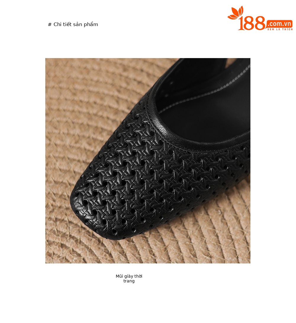 Giày sandal nữ mũi vuông gót thấp 3,5 cm da cừu đục lỗ hở mũi — đen chi tiết 10