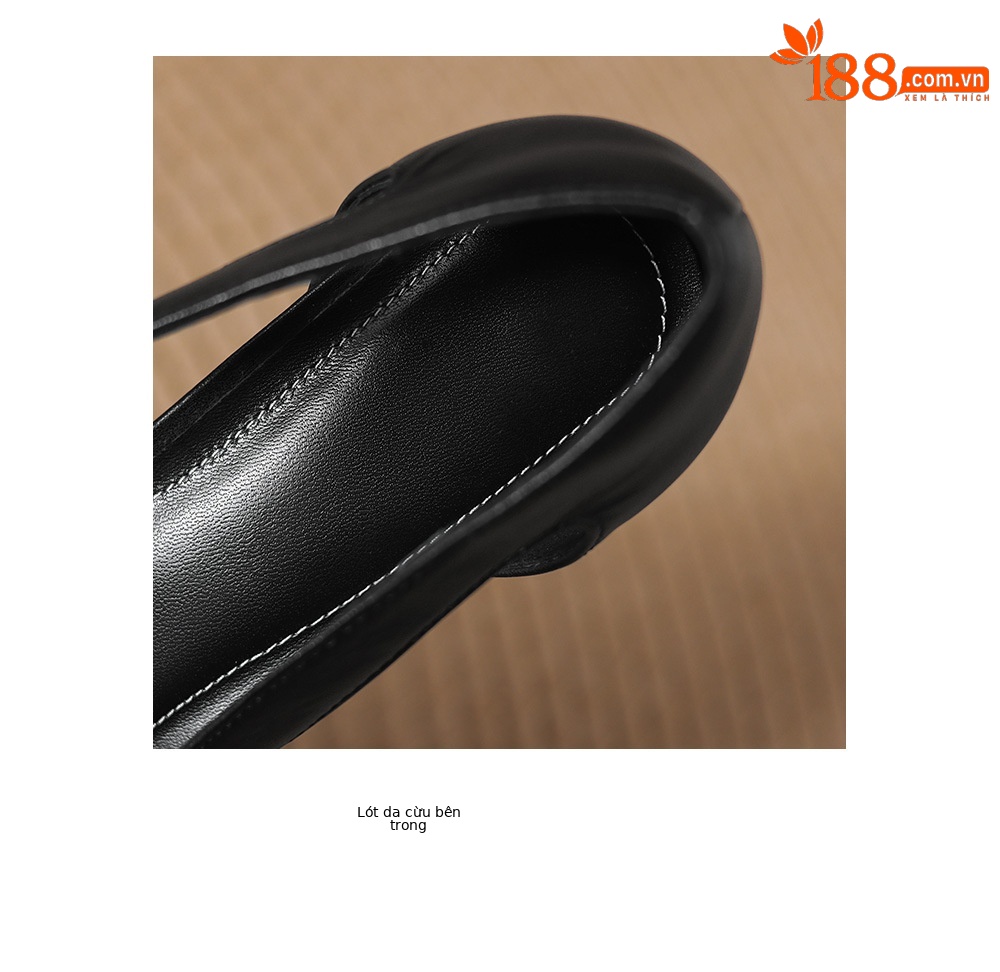 Giày sandal nữ mũi vuông gót thấp 3,5 cm da cừu đục lỗ hở mũi — đen chi tiết 13