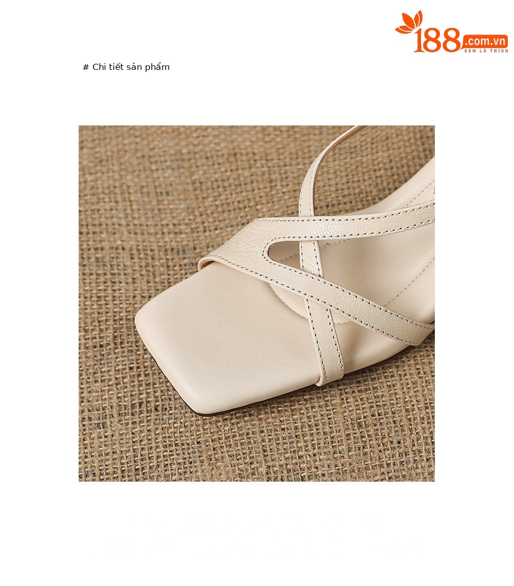 Sandal nữ hở mũi mũi vuông chất da dê, gót thô 5 cm, quai ngang một khóa, phong cách La Mã — màu be chi tiết 8