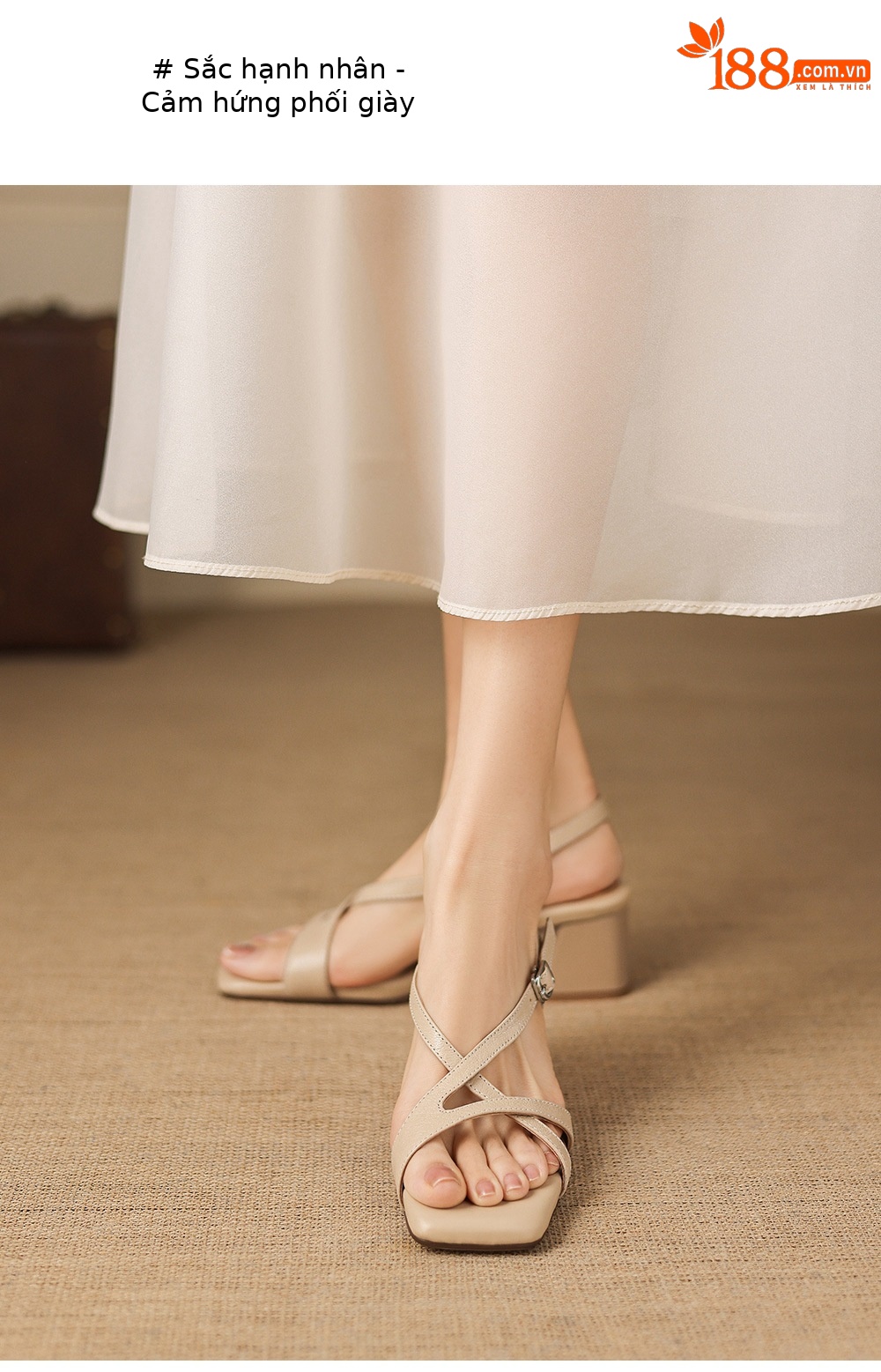Sandal nữ hở mũi mũi vuông chất da dê, gót thô 5 cm, quai ngang một khóa, phong cách La Mã — màu be chi tiết 16