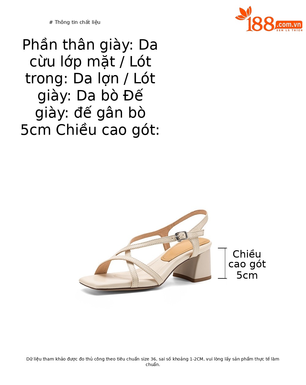 Sandal nữ hở mũi mũi vuông chất da dê, gót thô 5 cm, quai ngang một khóa, phong cách La Mã — màu be chi tiết 6