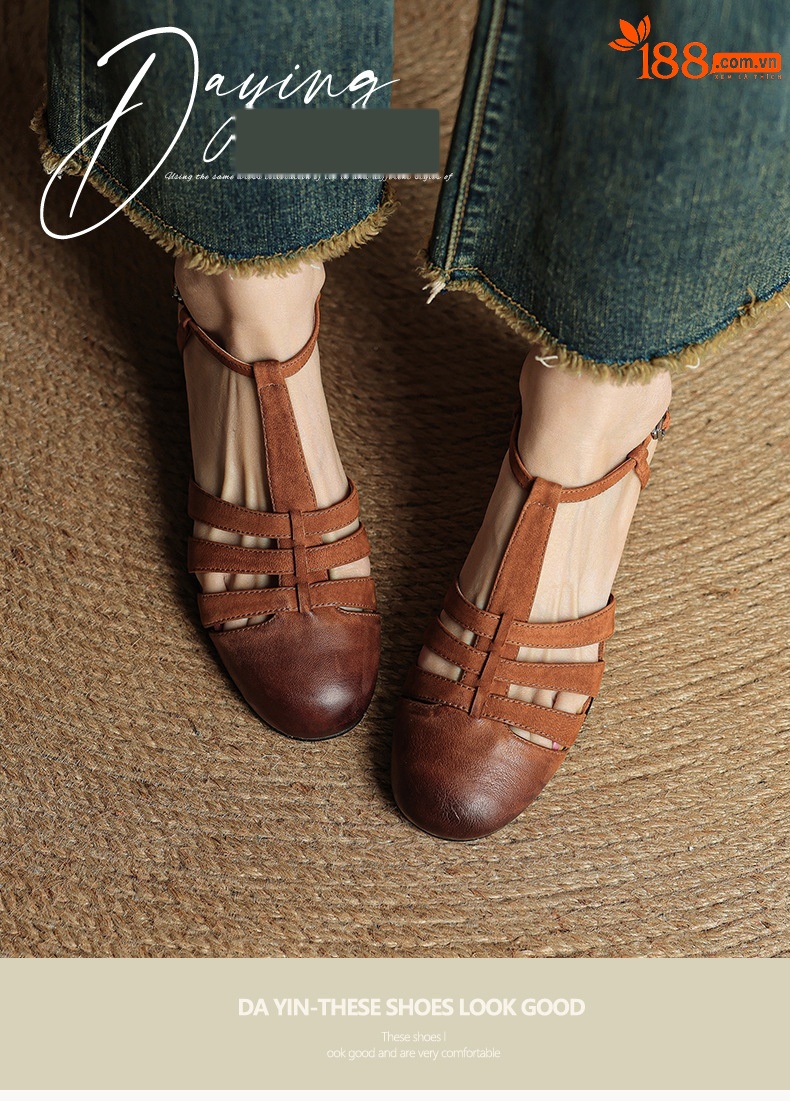 Sandal nữ da bò dệt rỗng mũi hở gót thô cao phong cách La Mã — màu nâu chi tiết 4
