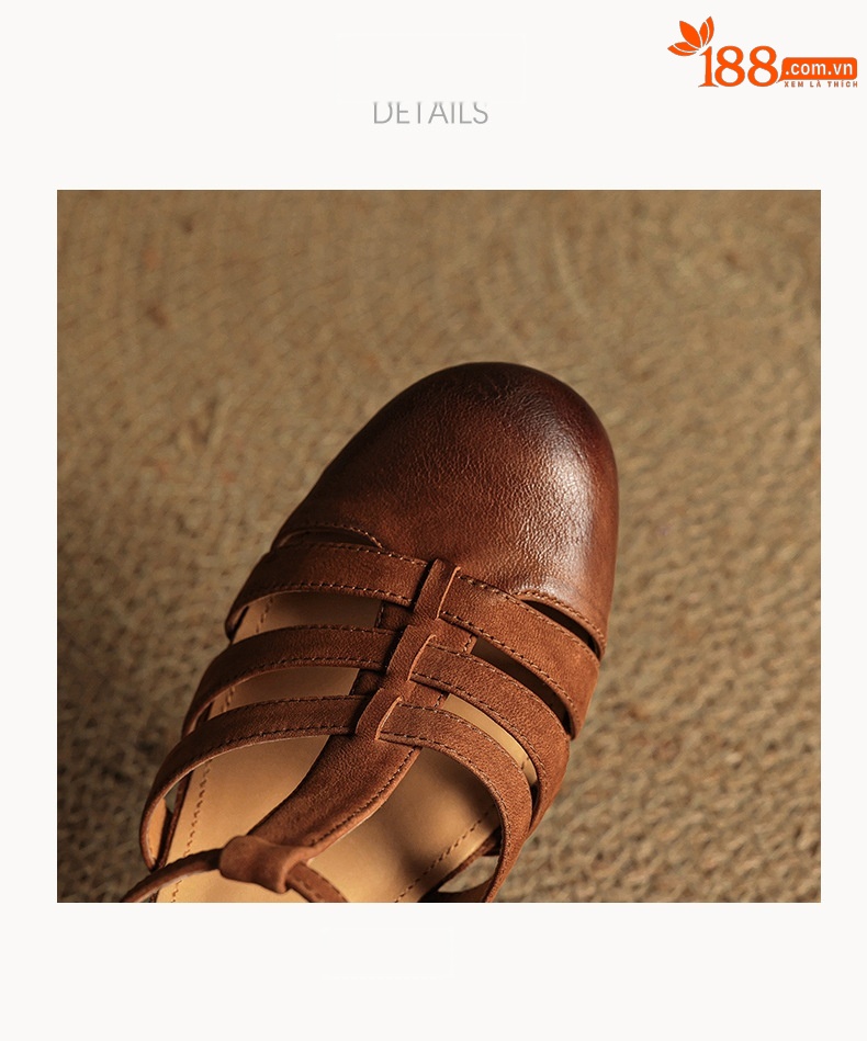 Sandal nữ da bò dệt rỗng mũi hở gót thô cao phong cách La Mã — màu nâu chi tiết 19