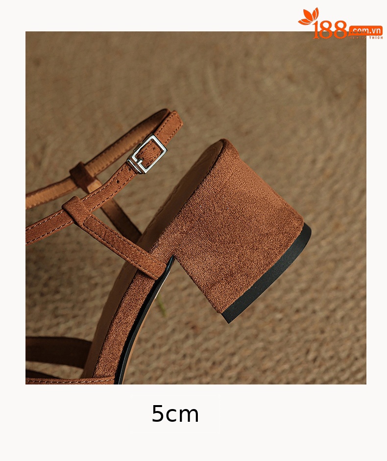 Sandal nữ da bò dệt rỗng mũi hở gót thô cao phong cách La Mã — màu nâu chi tiết 21