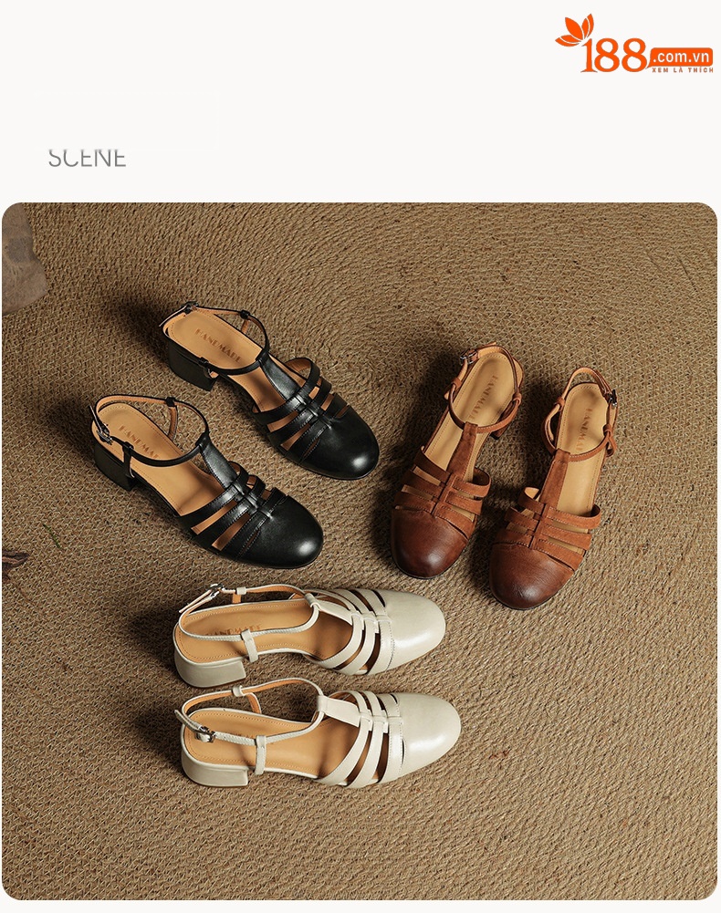 Sandal nữ da bò dệt rỗng mũi hở gót thô cao phong cách La Mã — màu nâu chi tiết 23