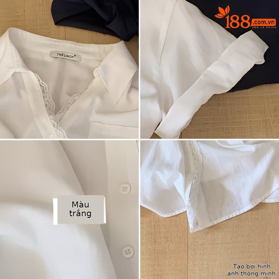 Áo sơ mi tay ngắn nữ phối ren viền cổ, dáng rộng mùa xuân hè — màu trắng, Xanh da trờicolor chi tiết 9