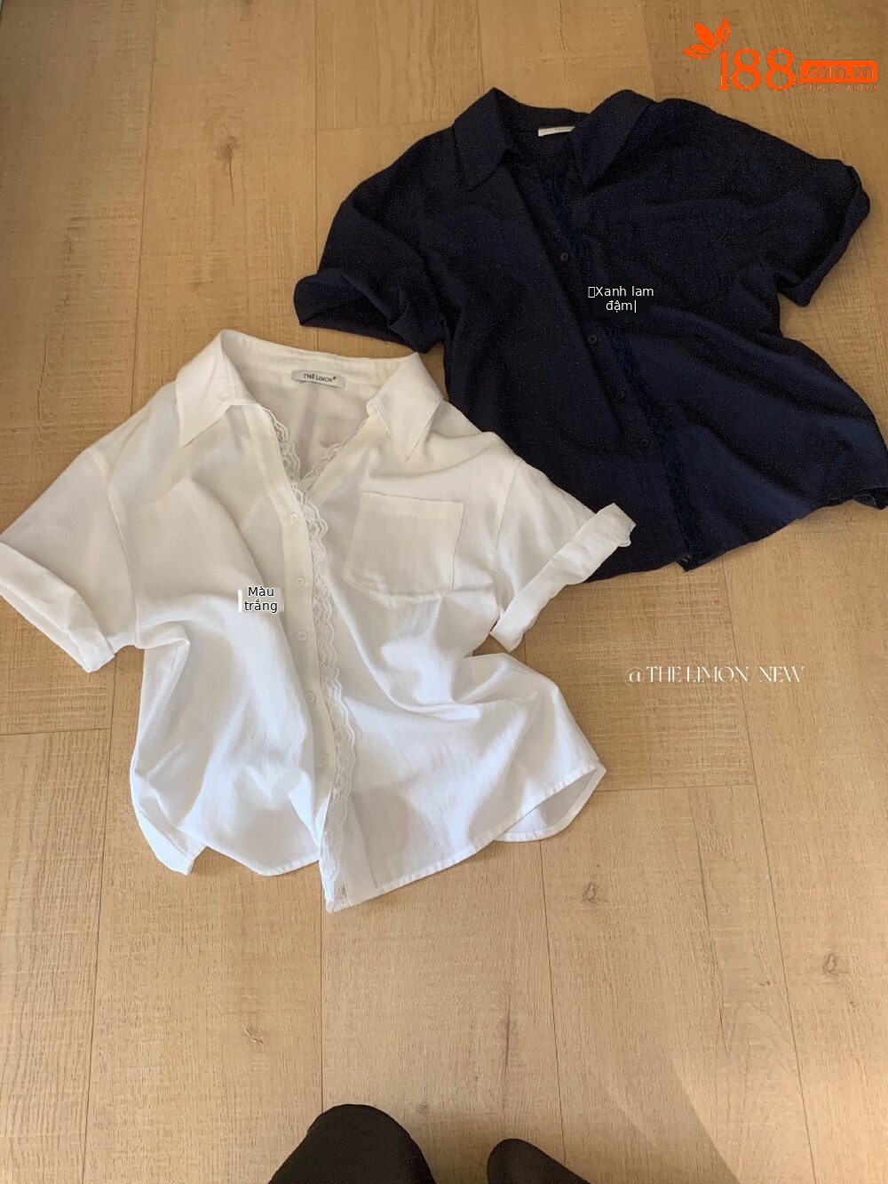 Áo sơ mi tay ngắn nữ phối ren viền cổ, dáng rộng mùa xuân hè — màu trắng, Xanh da trờicolor chi tiết 13