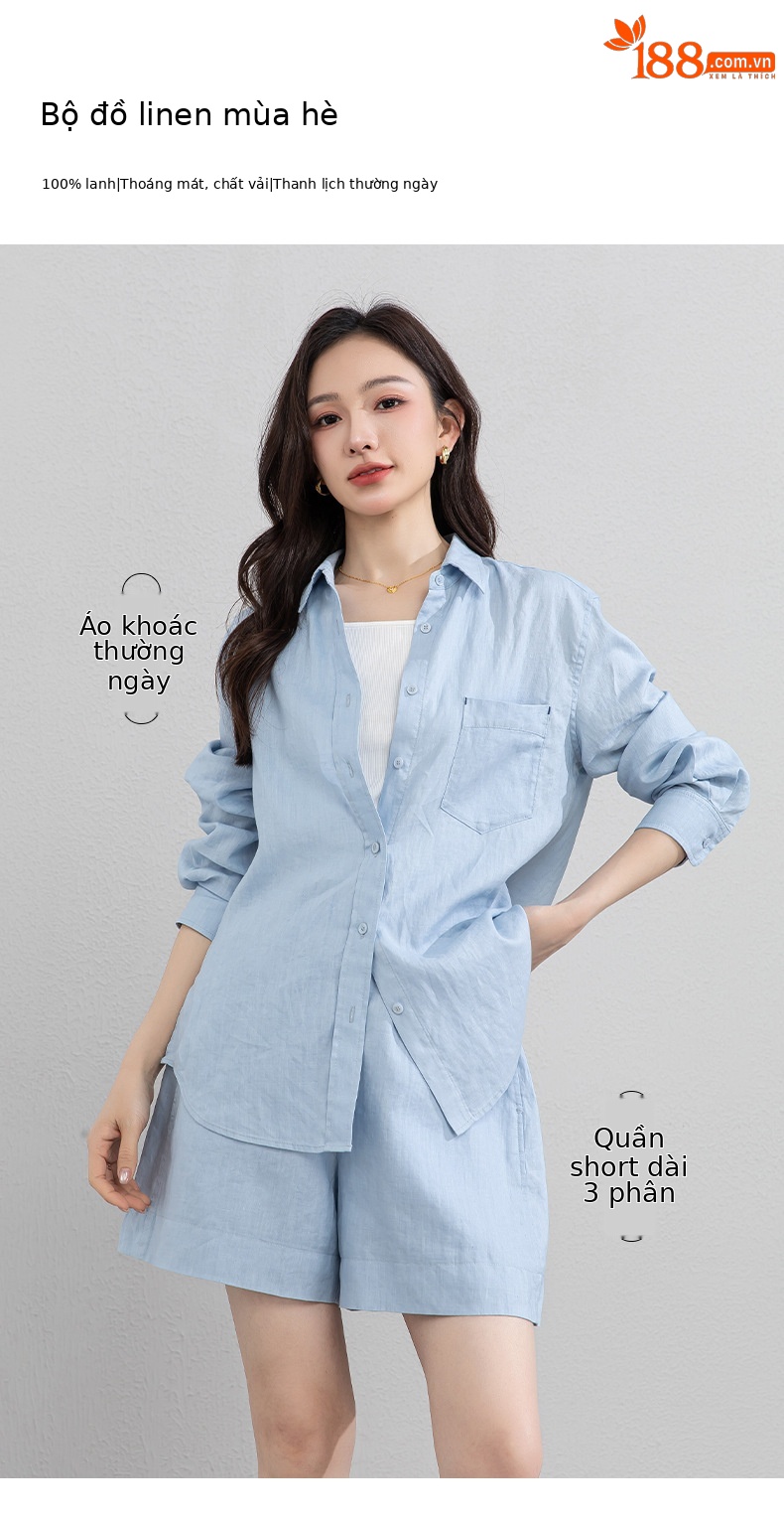 Bộ đồ linen nữ mùa hè áo sơ mi phối quần short dáng rộng — Quần short - 86185 ngày xanh chi tiết 1