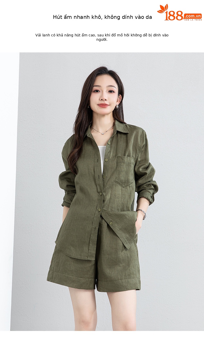 Bộ đồ linen nữ mùa hè áo sơ mi phối quần short dáng rộng — Quần short - 86185 ngày xanh chi tiết 5