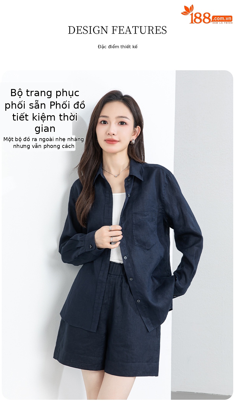 Bộ đồ linen nữ mùa hè áo sơ mi phối quần short dáng rộng — Quần short - 86185 ngày xanh chi tiết 7