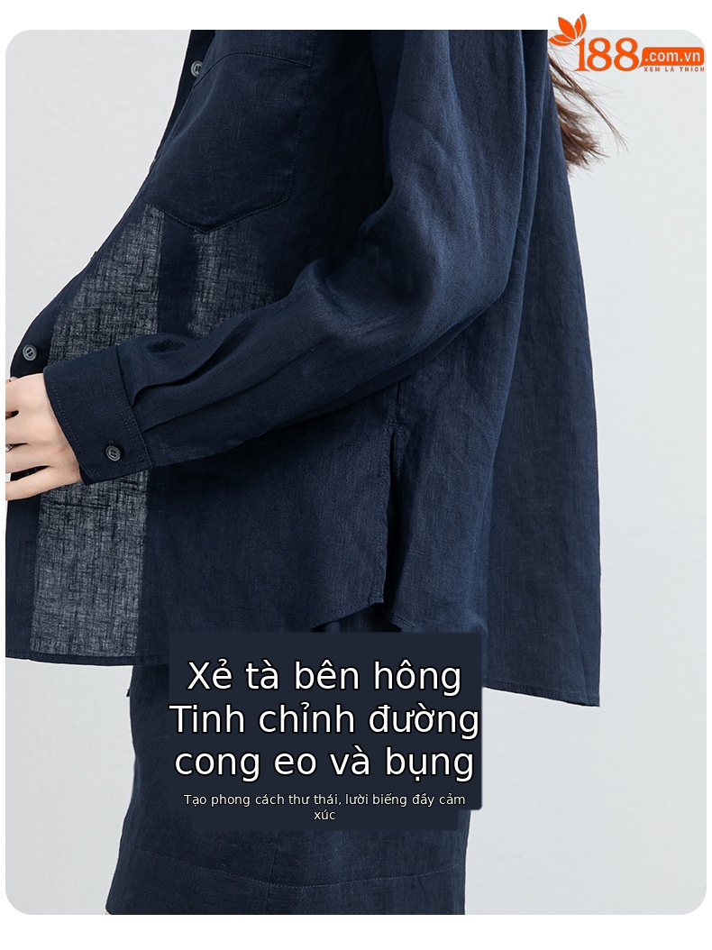 Bộ đồ linen nữ mùa hè áo sơ mi phối quần short dáng rộng — Quần short - 86185 ngày xanh chi tiết 9