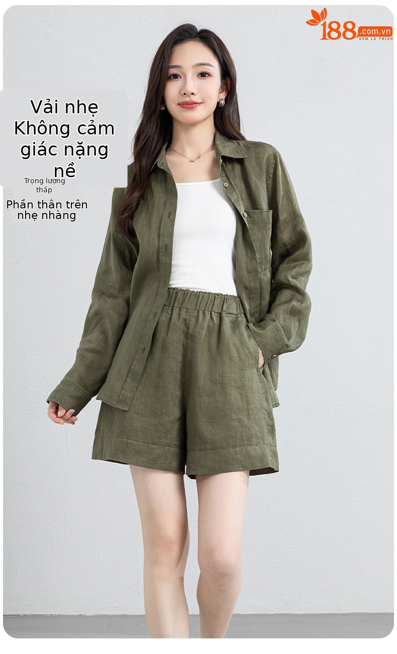 Bộ đồ linen nữ mùa hè áo sơ mi phối quần short dáng rộng — Quần short - 86185 ngày xanh chi tiết 10