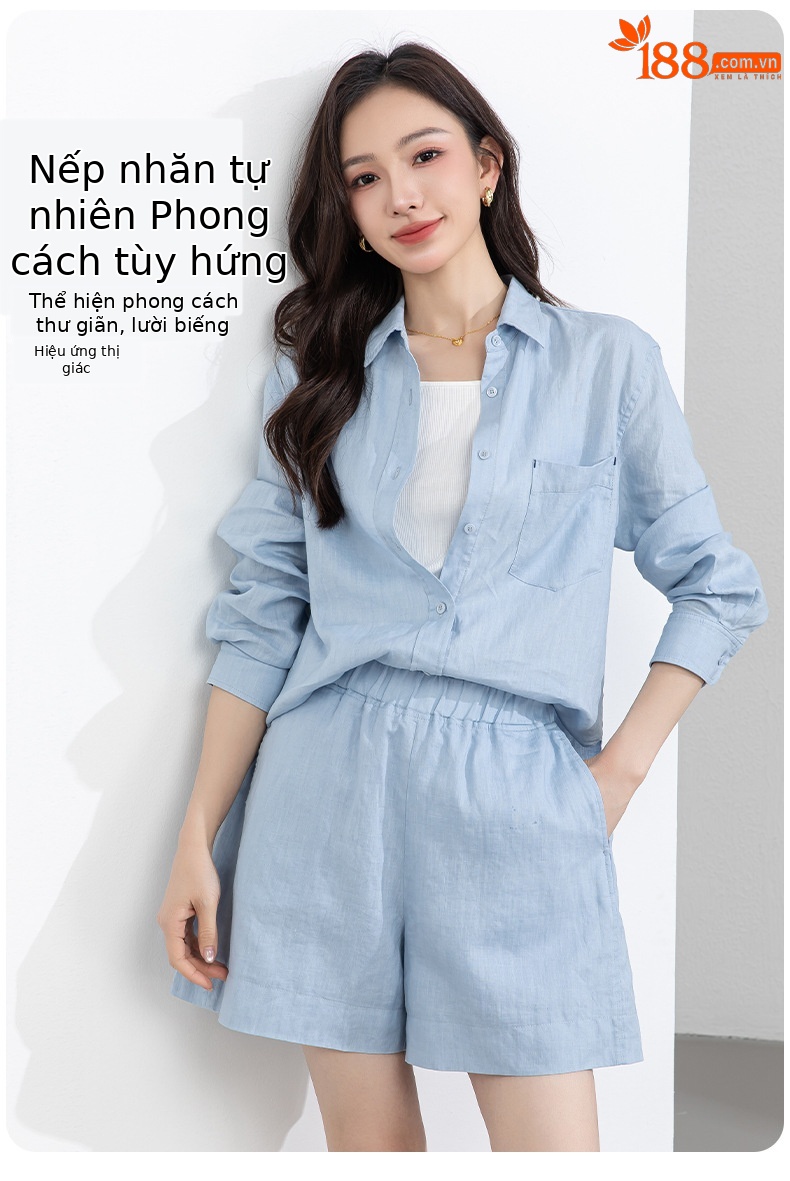 Bộ đồ linen nữ mùa hè áo sơ mi phối quần short dáng rộng — Quần short - 86185 ngày xanh chi tiết 11