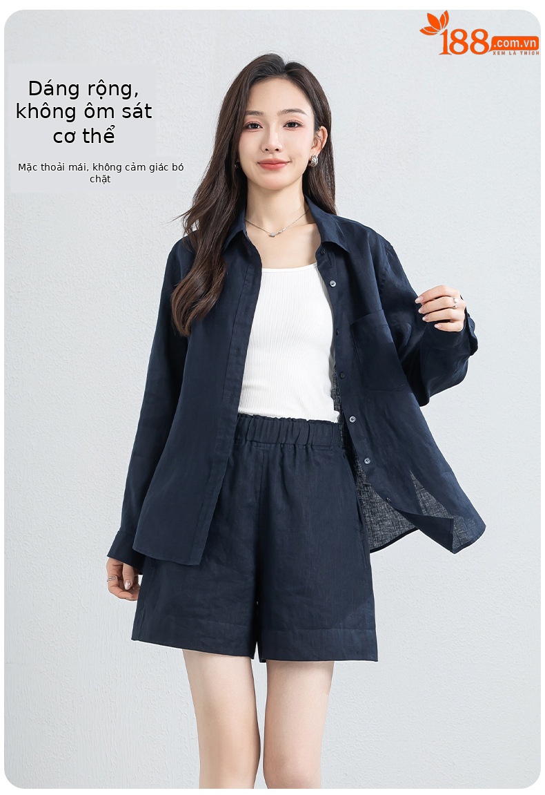 Bộ đồ linen nữ mùa hè áo sơ mi phối quần short dáng rộng — Quần short - 86185 ngày xanh chi tiết 12