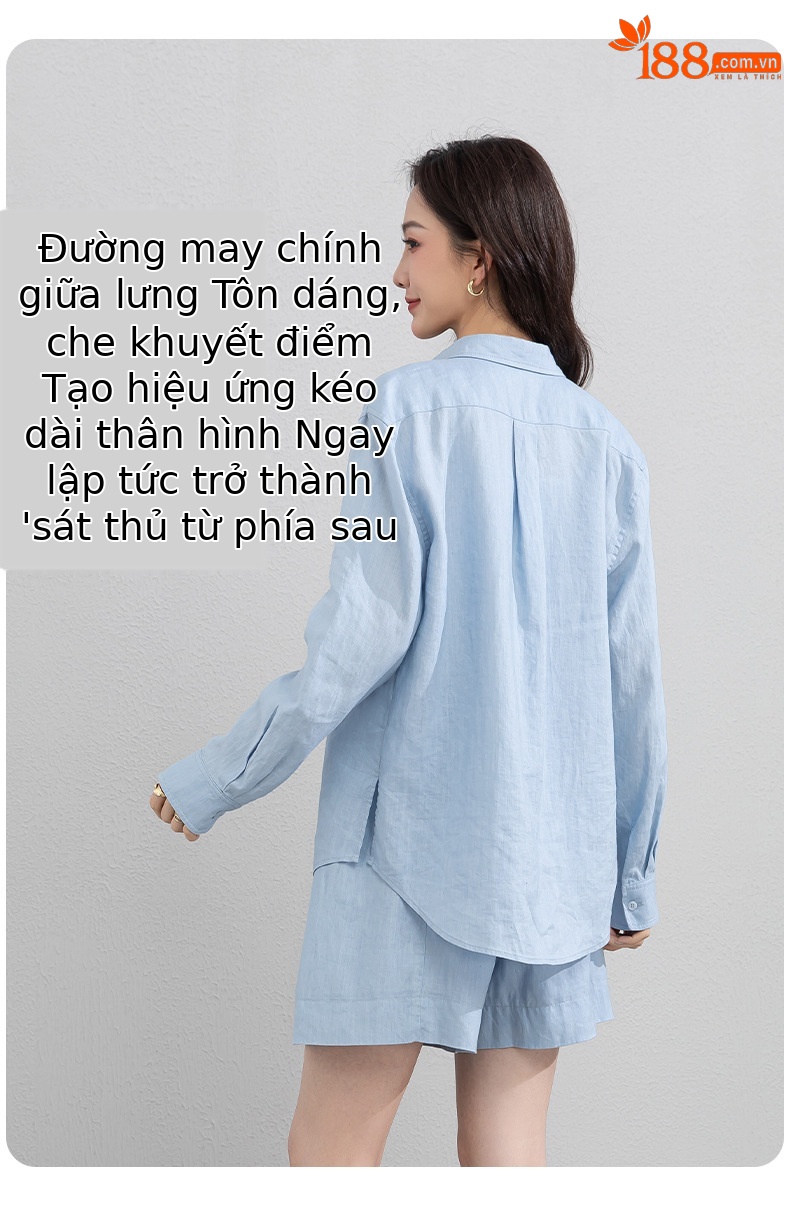 Bộ đồ linen nữ mùa hè áo sơ mi phối quần short dáng rộng — Quần short - 86185 ngày xanh chi tiết 13