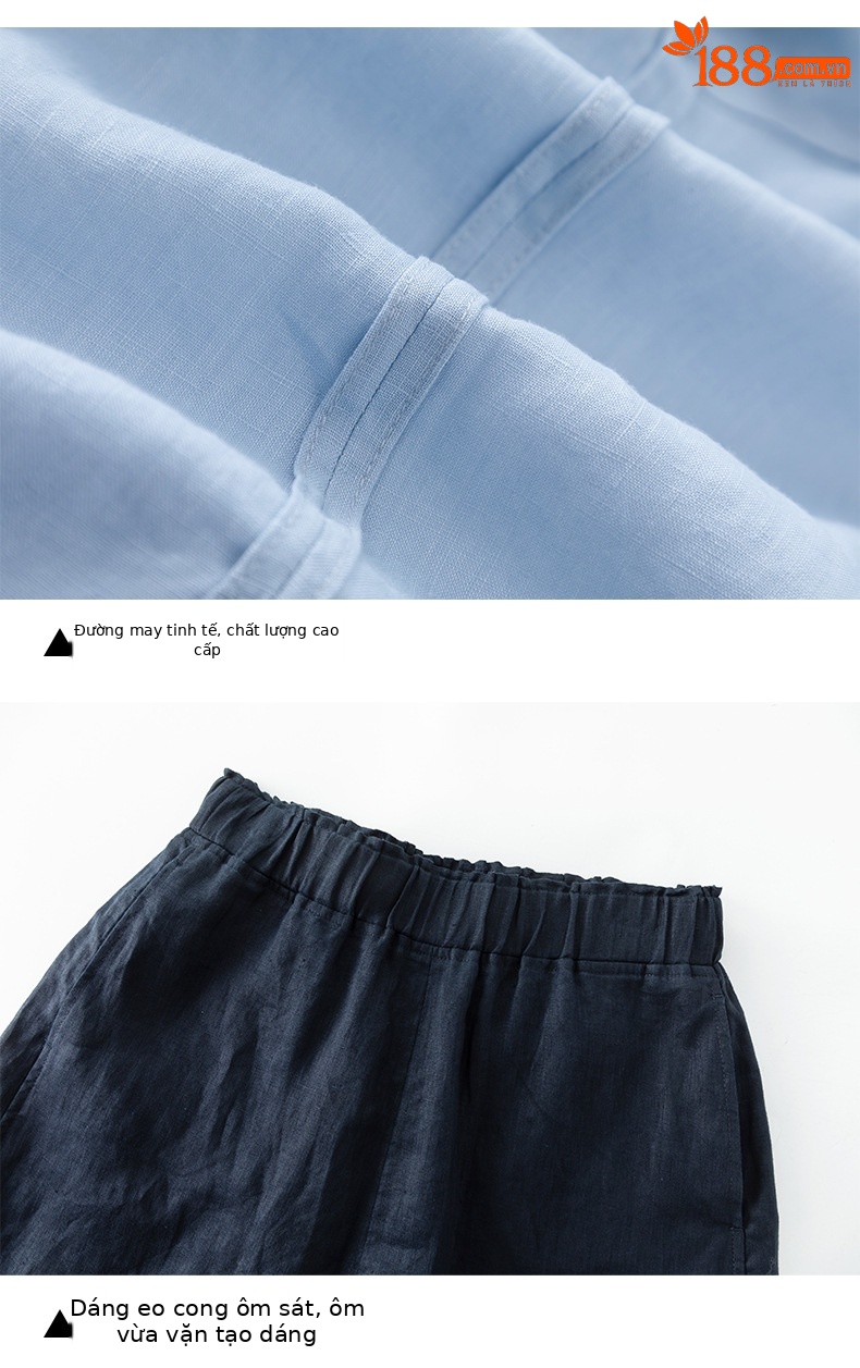 Bộ đồ linen nữ mùa hè áo sơ mi phối quần short dáng rộng — Quần short - 86185 ngày xanh chi tiết 16