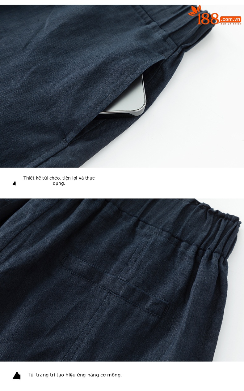 Bộ đồ linen nữ mùa hè áo sơ mi phối quần short dáng rộng — Quần short - 86185 ngày xanh chi tiết 17