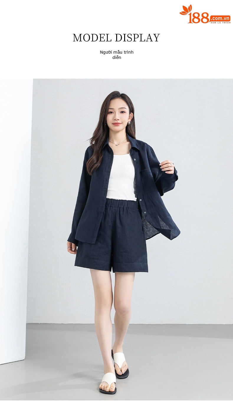 Bộ đồ linen nữ mùa hè áo sơ mi phối quần short dáng rộng — Quần short - 86185 ngày xanh chi tiết 18