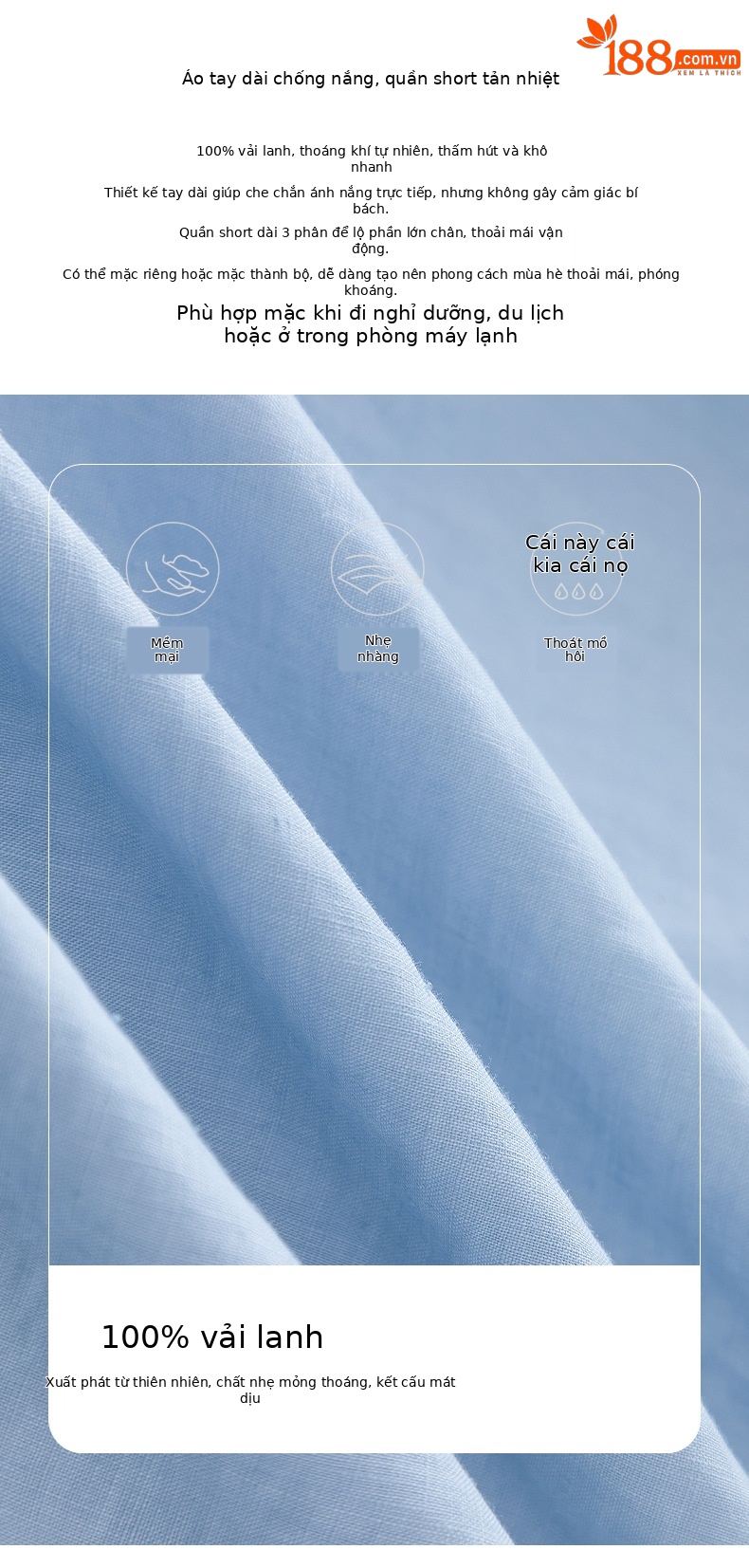 Bộ đồ linen nữ mùa hè áo sơ mi phối quần short dáng rộng — Quần short - 86185 ngày xanh chi tiết 2