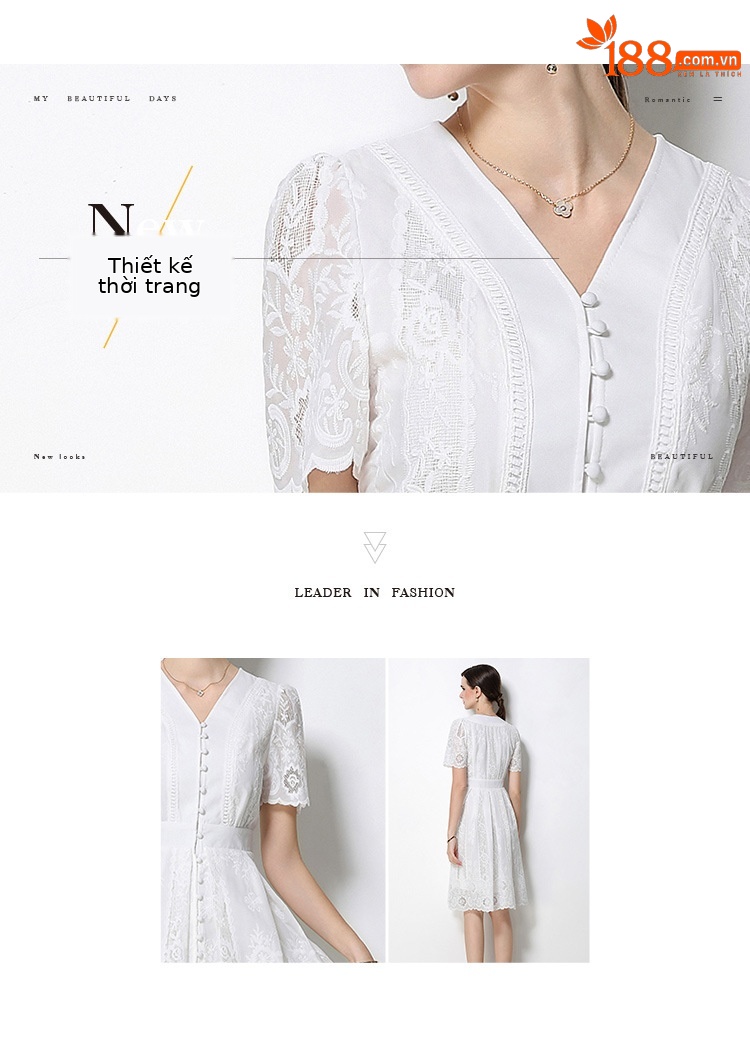 Đầm ren nữ Pháp thanh lịch tay ngắn cổ V thắt eo — màu đen, màu trắng chi tiết 2
