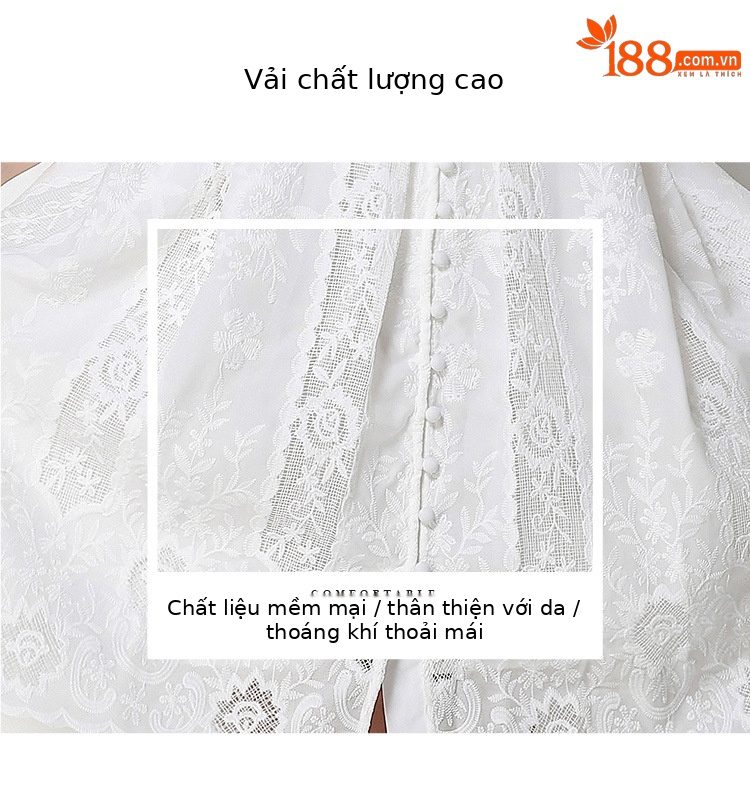 Đầm ren nữ Pháp thanh lịch tay ngắn cổ V thắt eo — màu đen, màu trắng chi tiết 5
