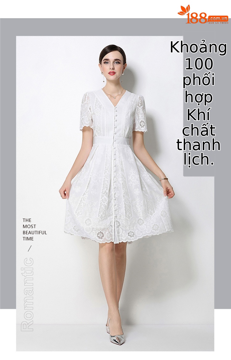 Đầm ren nữ Pháp thanh lịch tay ngắn cổ V thắt eo — màu đen, màu trắng chi tiết 6