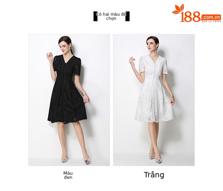 Đầm ren nữ Pháp thanh lịch tay ngắn cổ V thắt eo — màu đen, màu trắng chi tiết 11