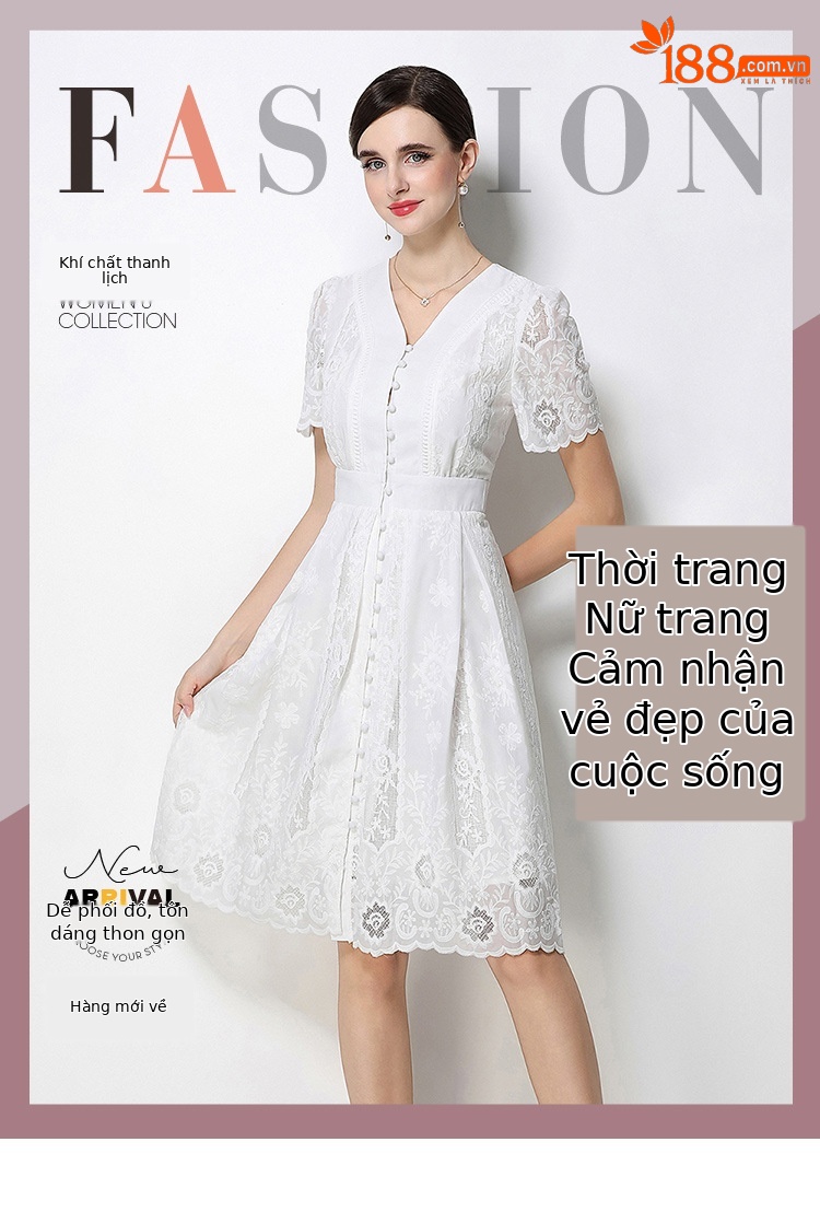 Đầm ren nữ Pháp thanh lịch tay ngắn cổ V thắt eo — màu đen, màu trắng chi tiết 1