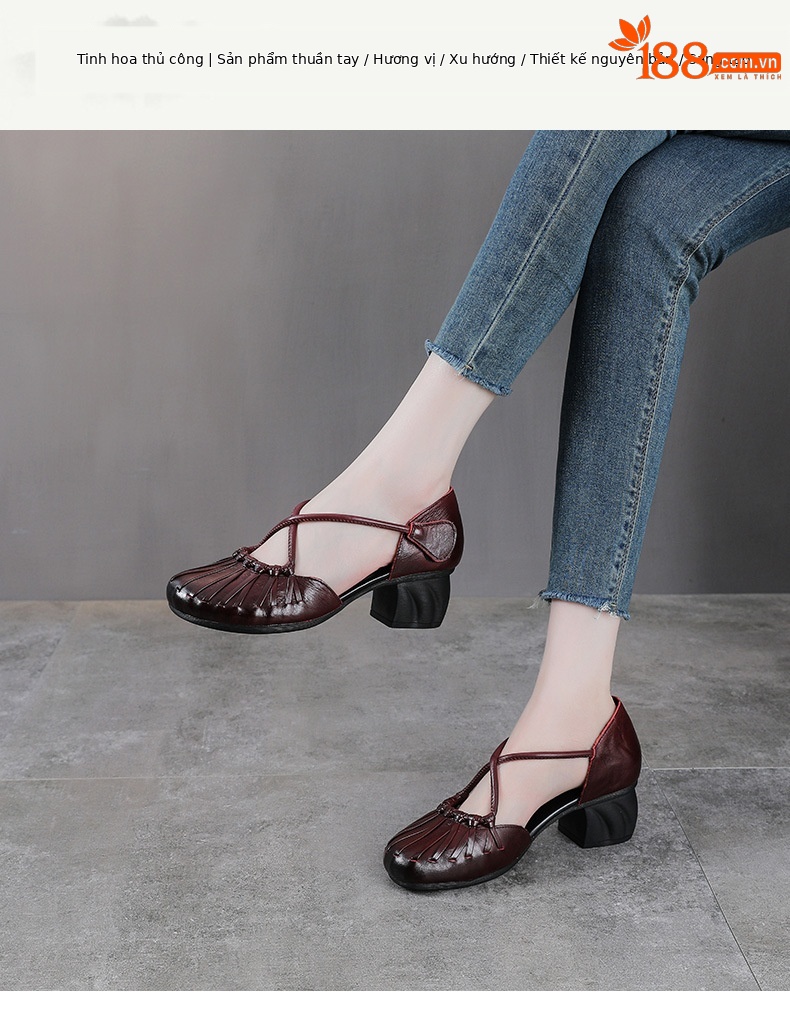 Sandal nữ da bò cao gót vuông mũi kín kiểu La Mã đan thủng — màu đen chi tiết 1