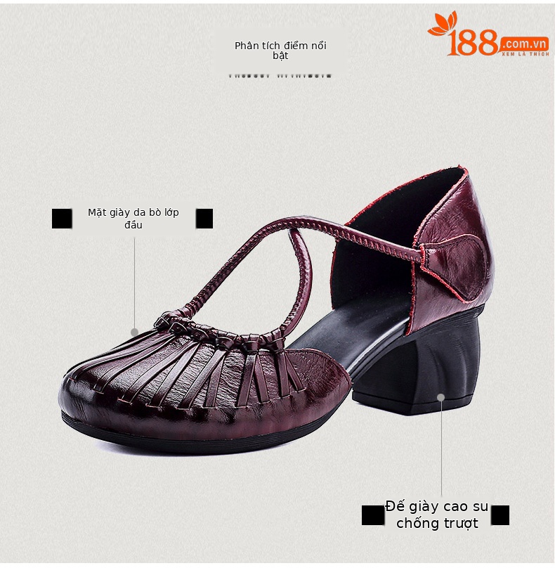 Sandal nữ da bò cao gót vuông mũi kín kiểu La Mã đan thủng — màu đen chi tiết 3