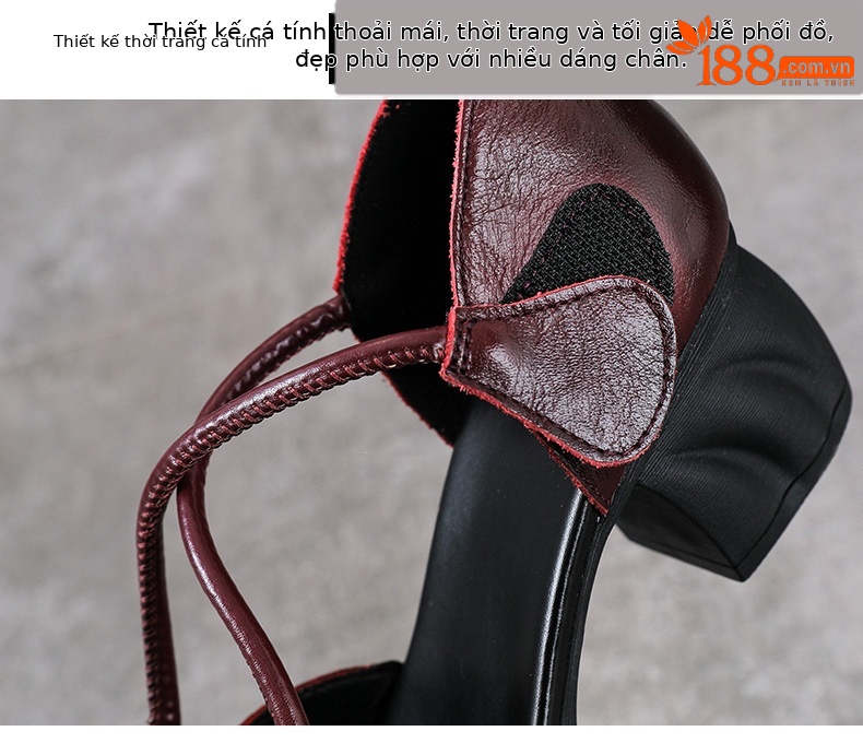 Sandal nữ da bò cao gót vuông mũi kín kiểu La Mã đan thủng — màu đen chi tiết 5