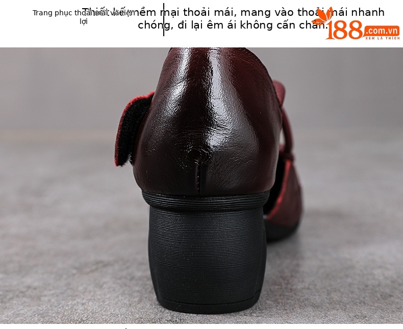 Sandal nữ da bò cao gót vuông mũi kín kiểu La Mã đan thủng — màu đen chi tiết 6