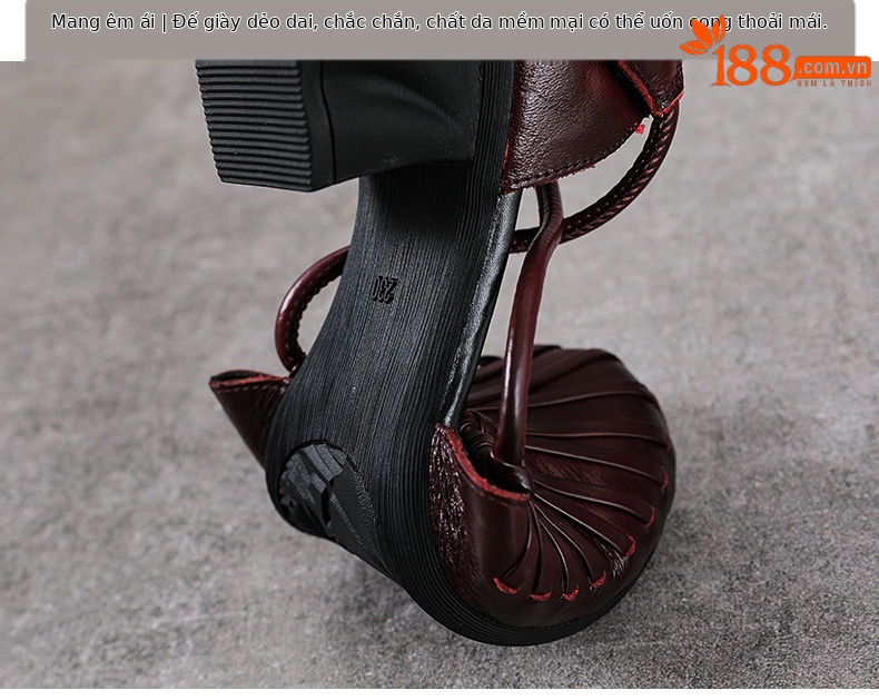 Sandal nữ da bò cao gót vuông mũi kín kiểu La Mã đan thủng — màu đen chi tiết 8