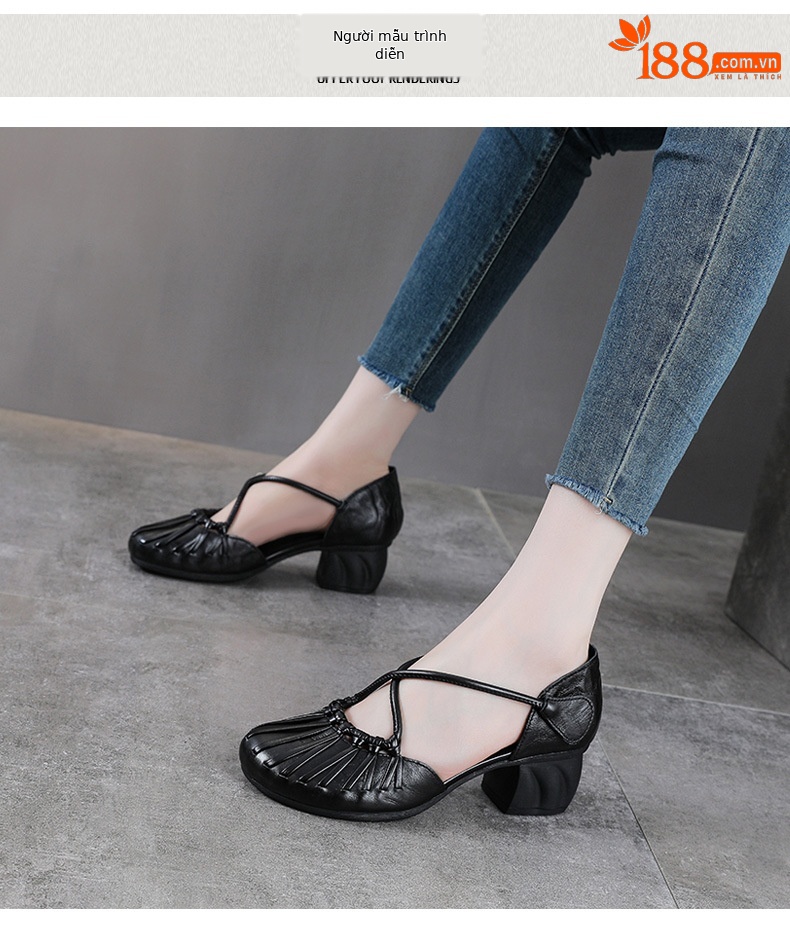 Sandal nữ da bò cao gót vuông mũi kín kiểu La Mã đan thủng — màu đen chi tiết 9