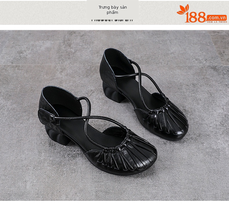 Sandal nữ da bò cao gót vuông mũi kín kiểu La Mã đan thủng — màu đen chi tiết 10