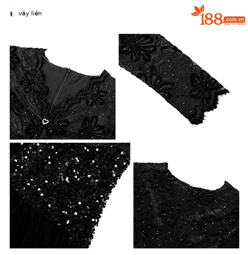 Đầm nữ cổ V ren phối sequin thắt eo nhung mềm mại — đen chi tiết 2