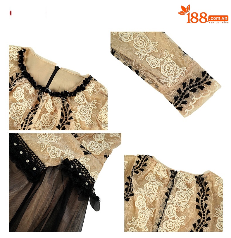 Đầm maxi nữ cổ tròn ren phối lưới thắt eo bay bổng — Hạnh nhân đen chi tiết 2