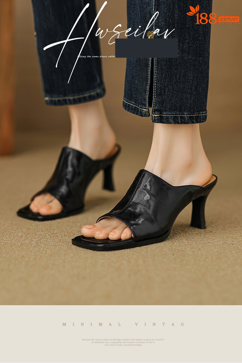 Sandal cao gót nữ hở mũi quai ngang da dê gót 7 cm kiểu Hàn Quốc — đen chi tiết 1