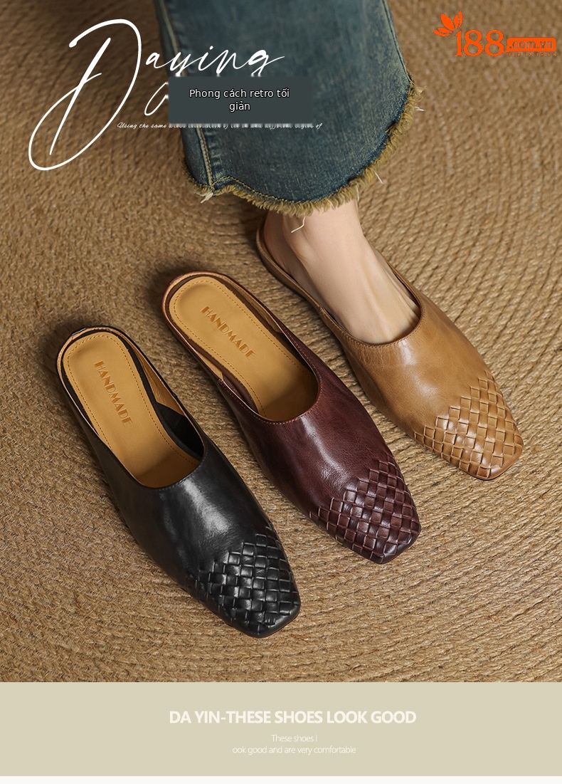 Giày mule nữ da bò mũi vuông miệng nông đế bệt — màu nâu chi tiết 1