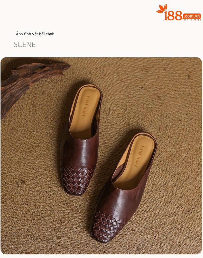 Giày mule nữ da bò mũi vuông miệng nông đế bệt — màu nâu chi tiết 23