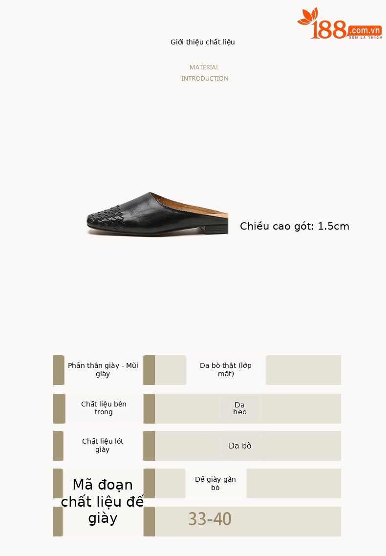 Giày mule nữ da bò mũi vuông miệng nông đế bệt — màu nâu chi tiết 3